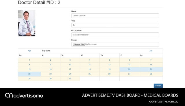 Advertise Me TV Medical Board Dashboard Doctor Calendar