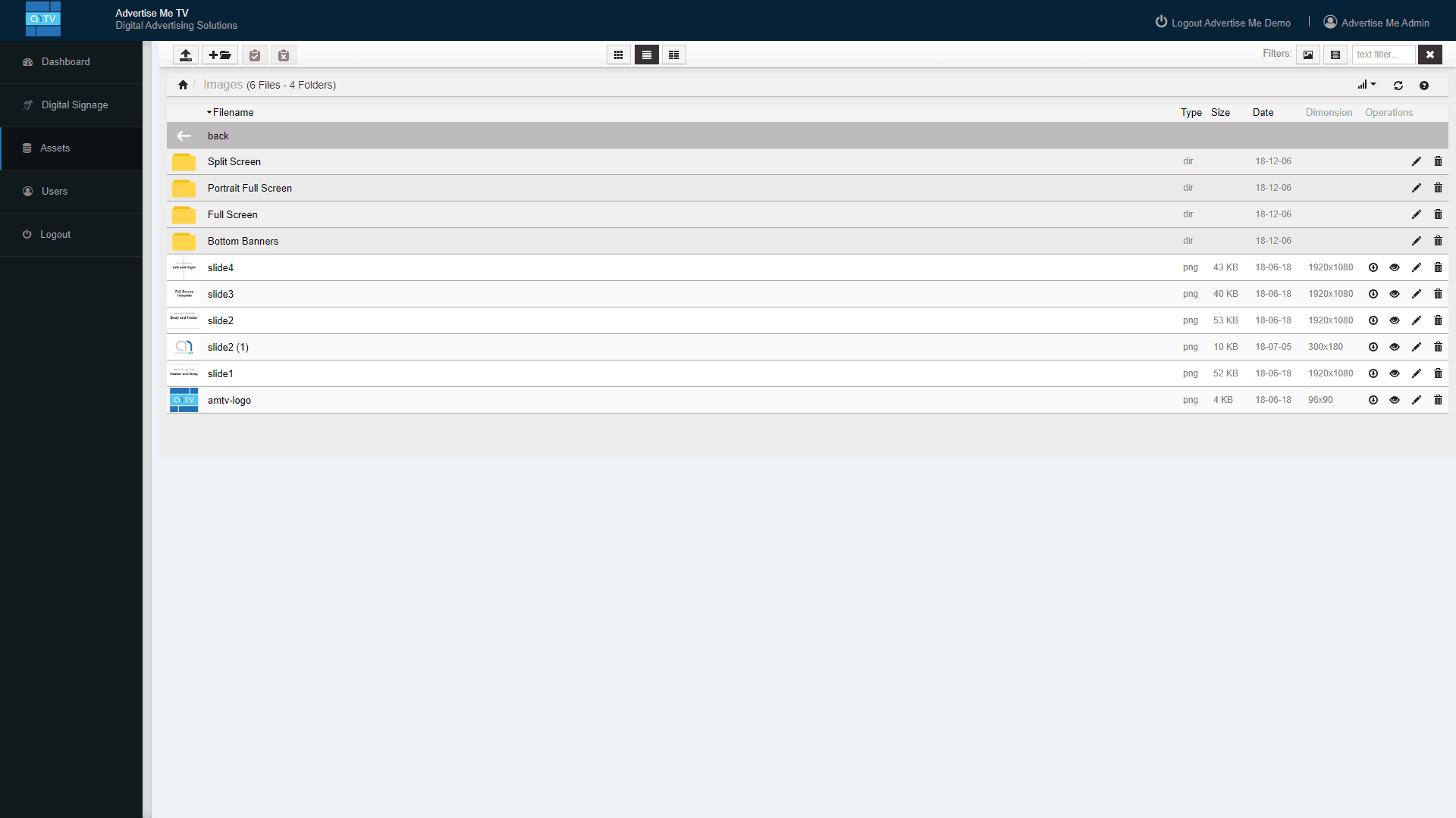 Advertise Me Digital Signage Software Dashboard Assets