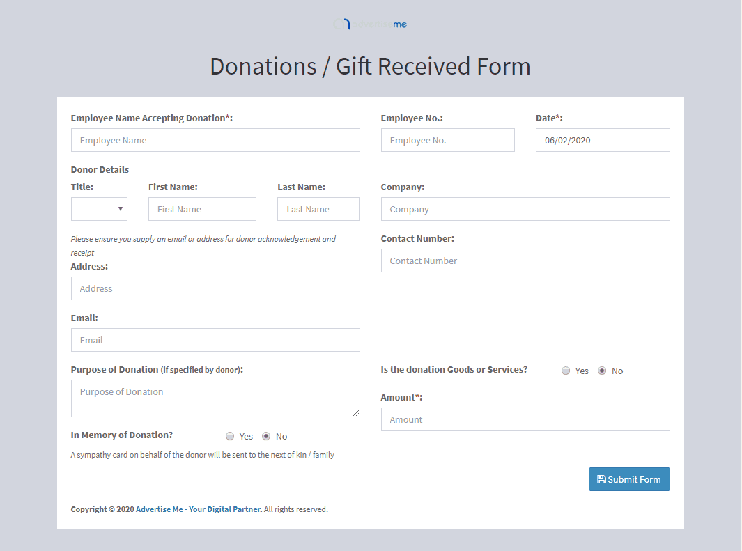 Advertise Me Donations and Fundraising Management System Form