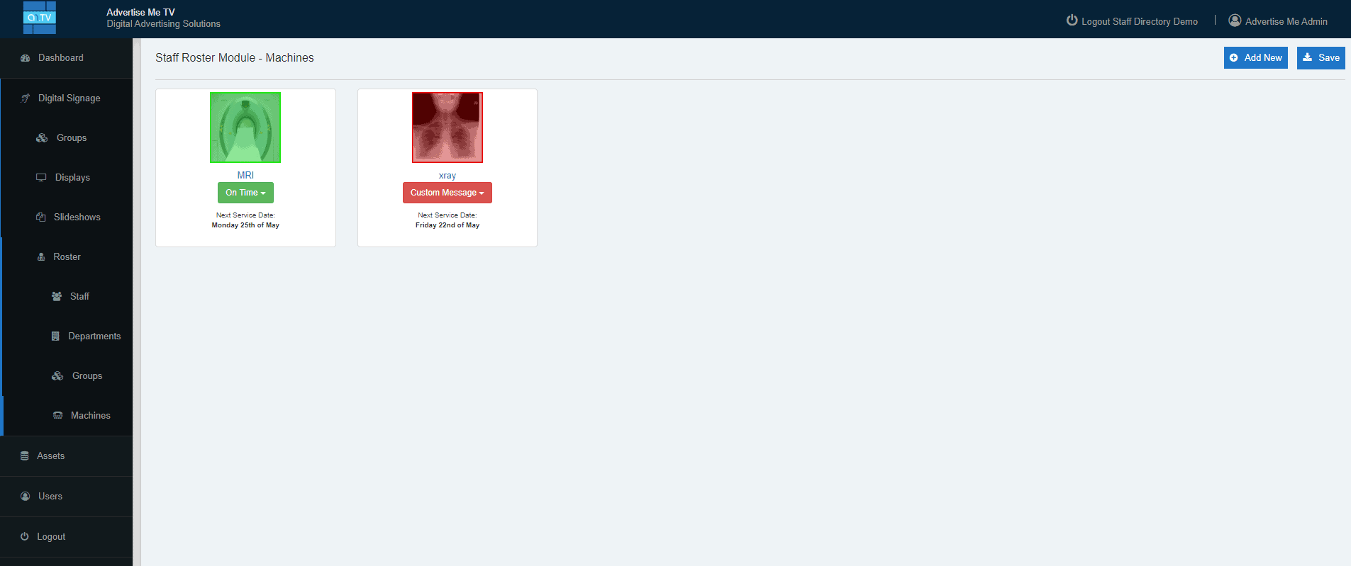 Advertise Me Digital Signage Staff Roster Module Machines Dashboard
