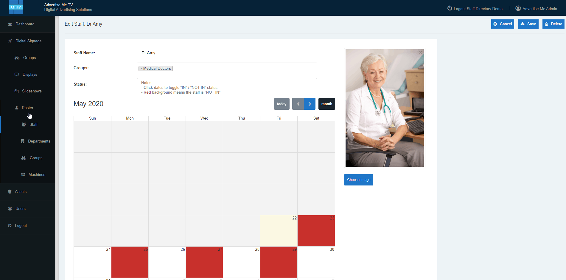 Advertise Me Digital Signage Staff Roster Module Staff List Roster Dashboard