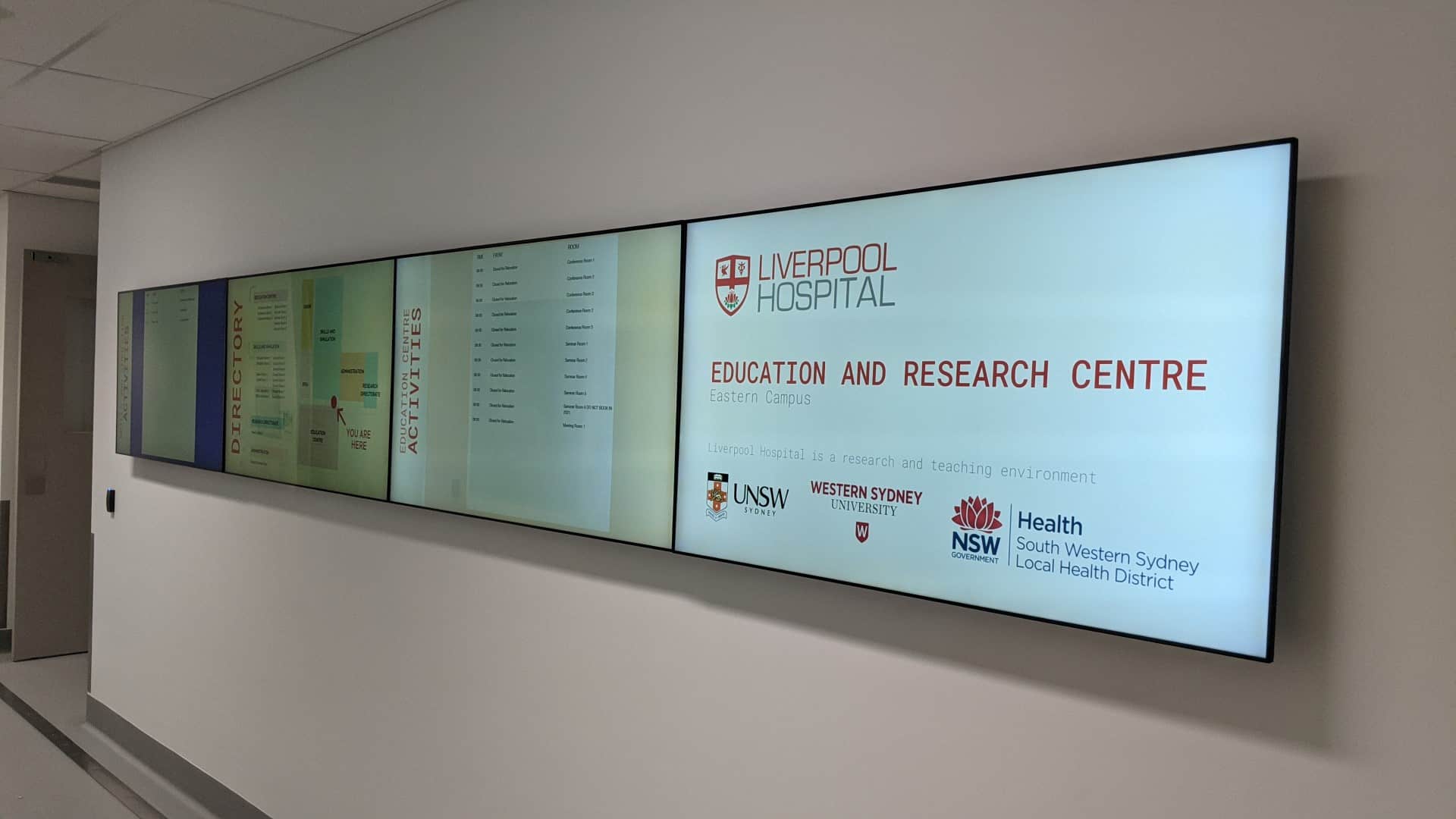 Video Wall Digital Directory Digital Wayfinding – UNSW Medicine & Health South West Sydney Precinct 4×1 Video Wall