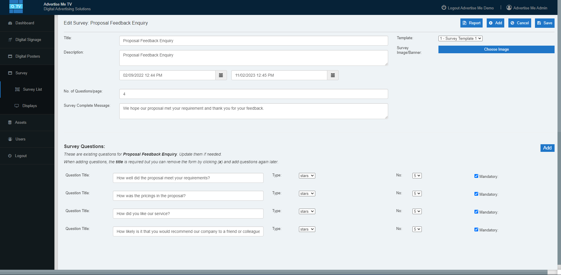 Advertise Me Survey Module For Digital Signage edit survey