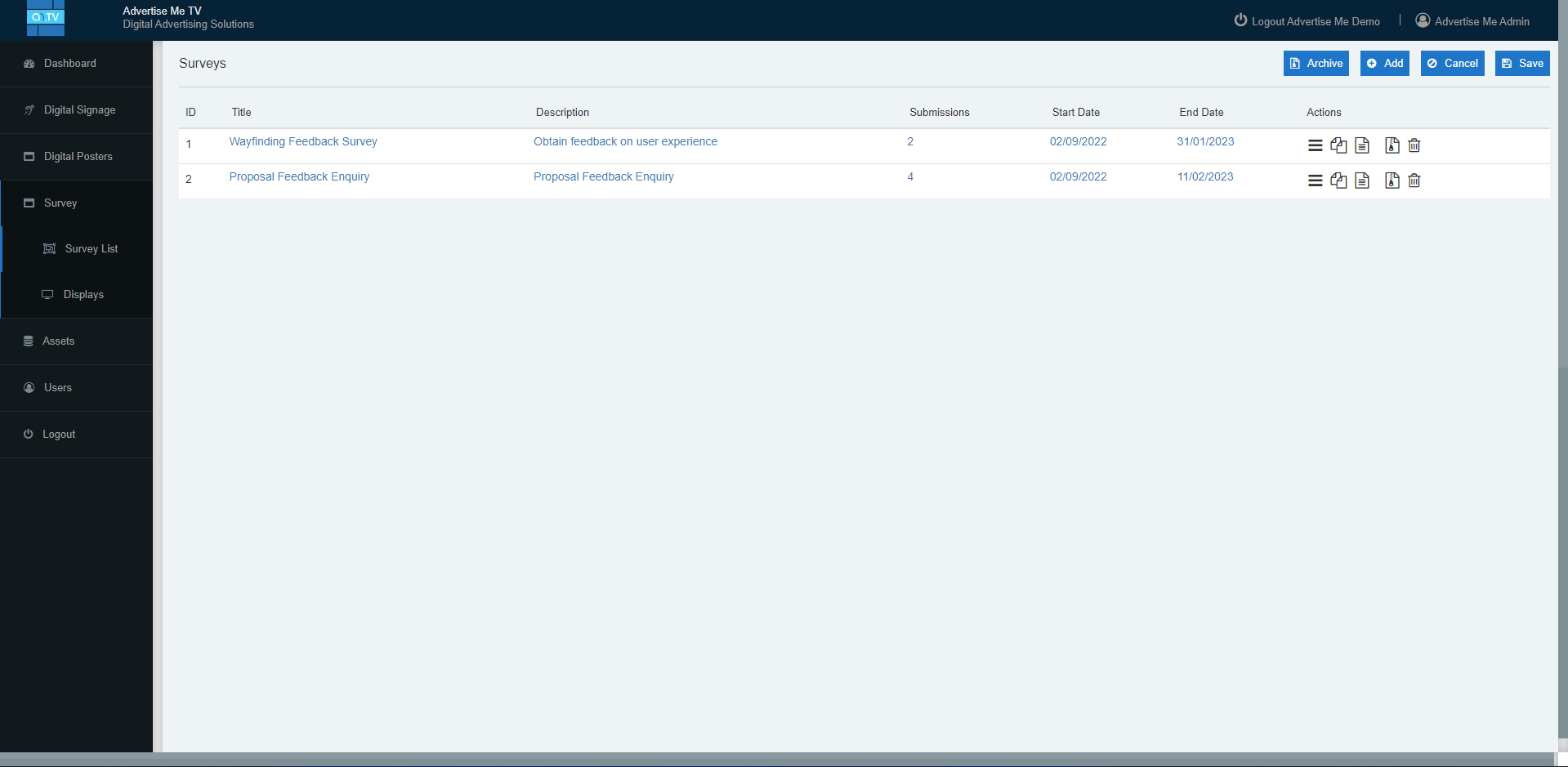 Advertise Me Survey Module For Digital Signage survey list