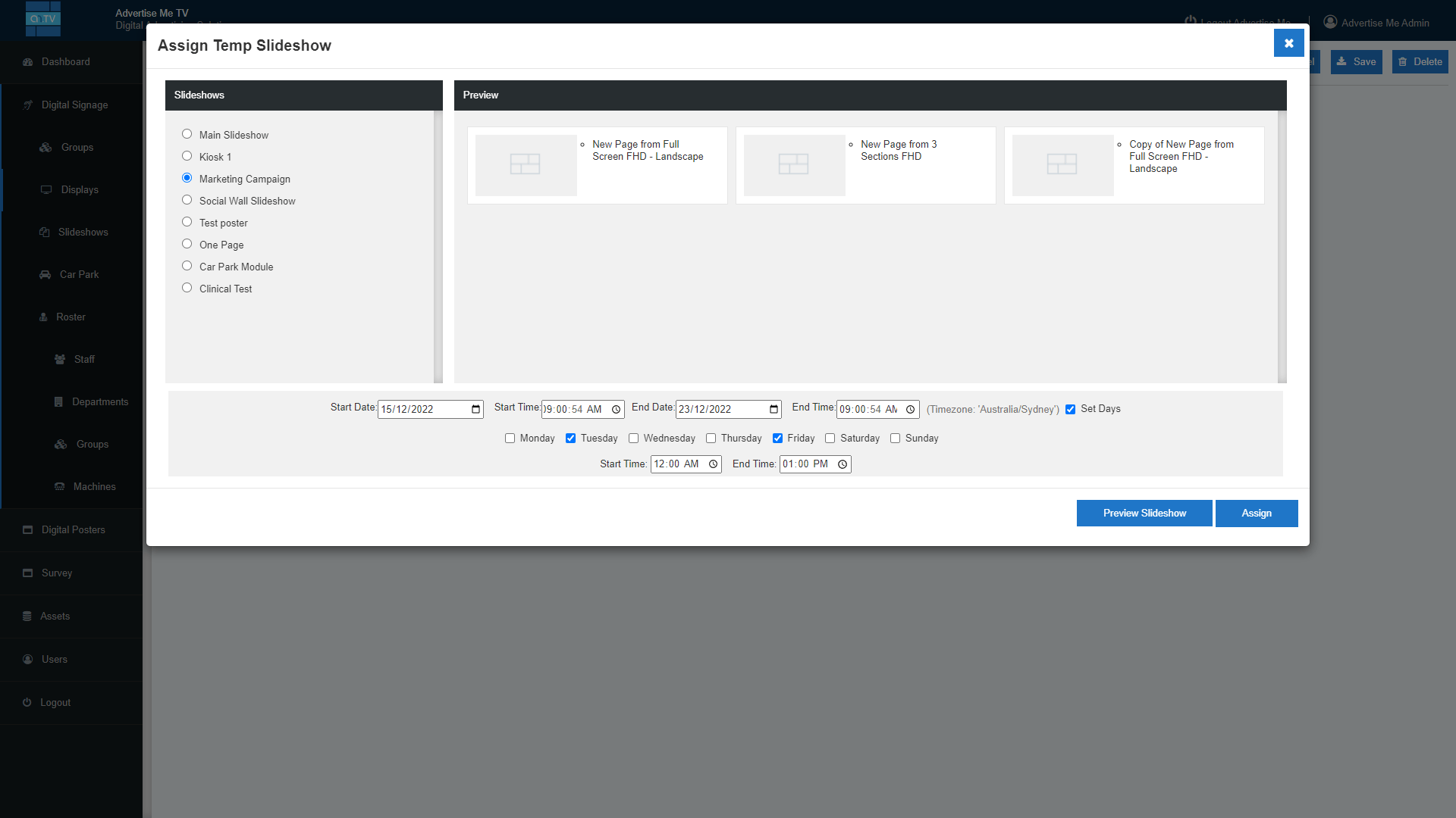 Advertise Me Digital Signage Software scheduling temp slideshow