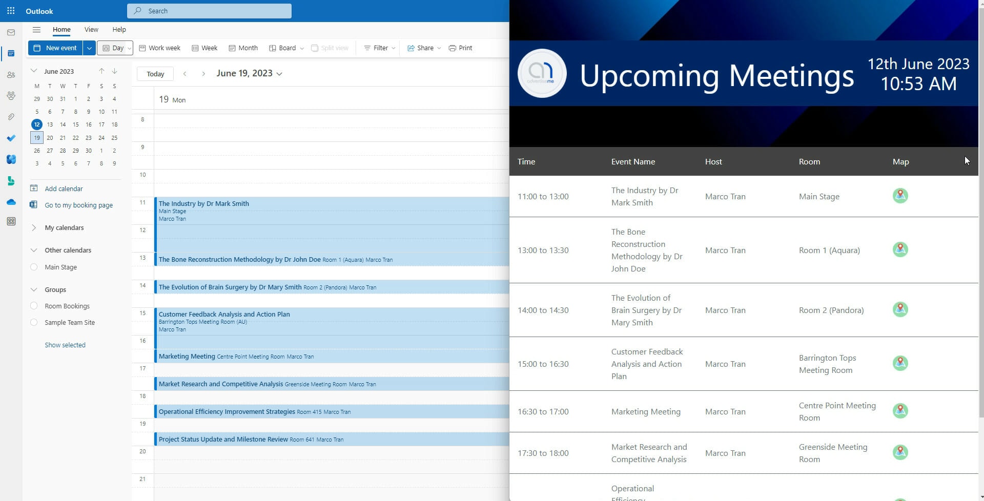 Advertise Me Digital Signage Smart Room and Event Boards Microsoft Outlook Calendar View