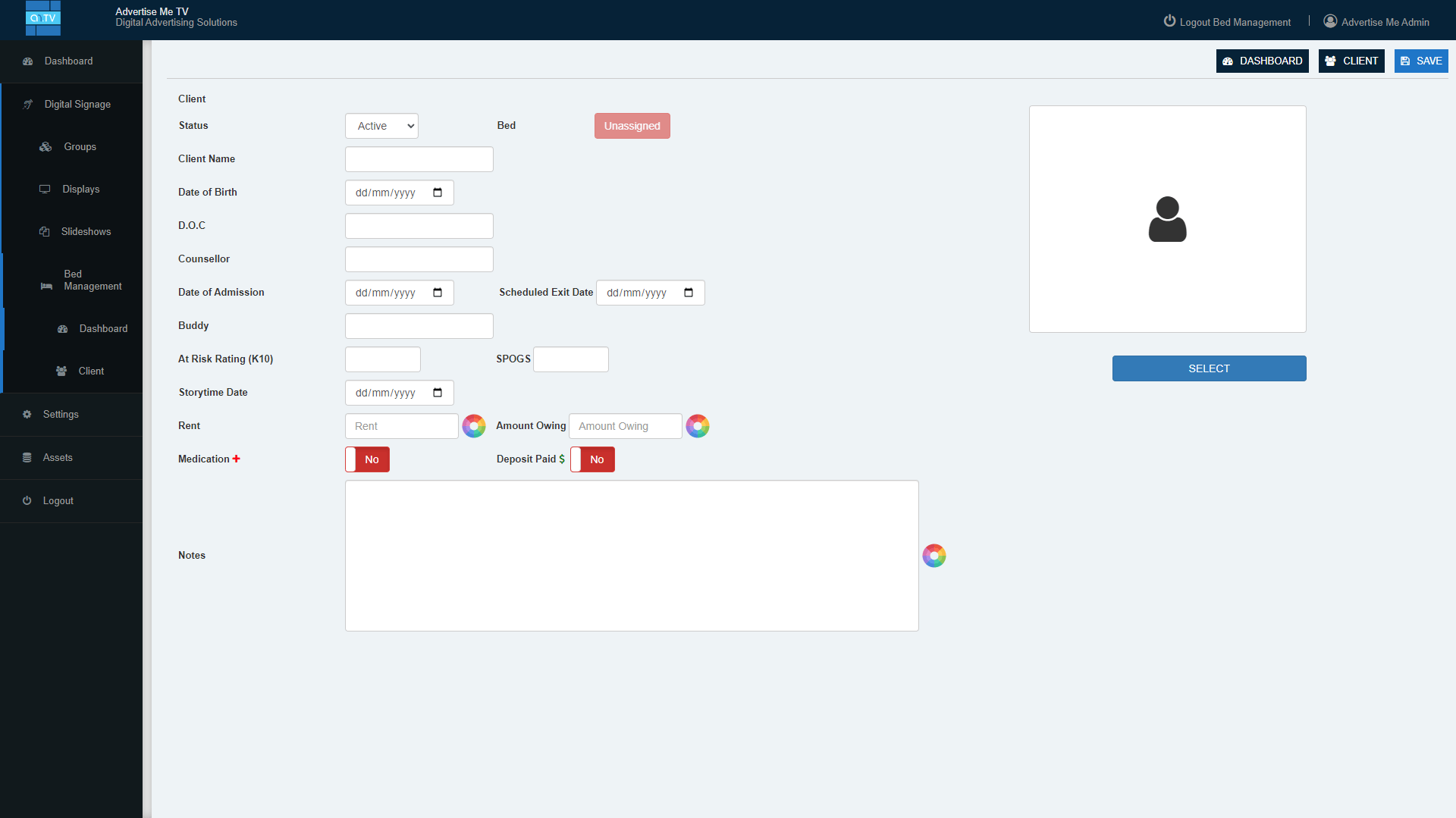 Advertise Me Bed Management System Add Client