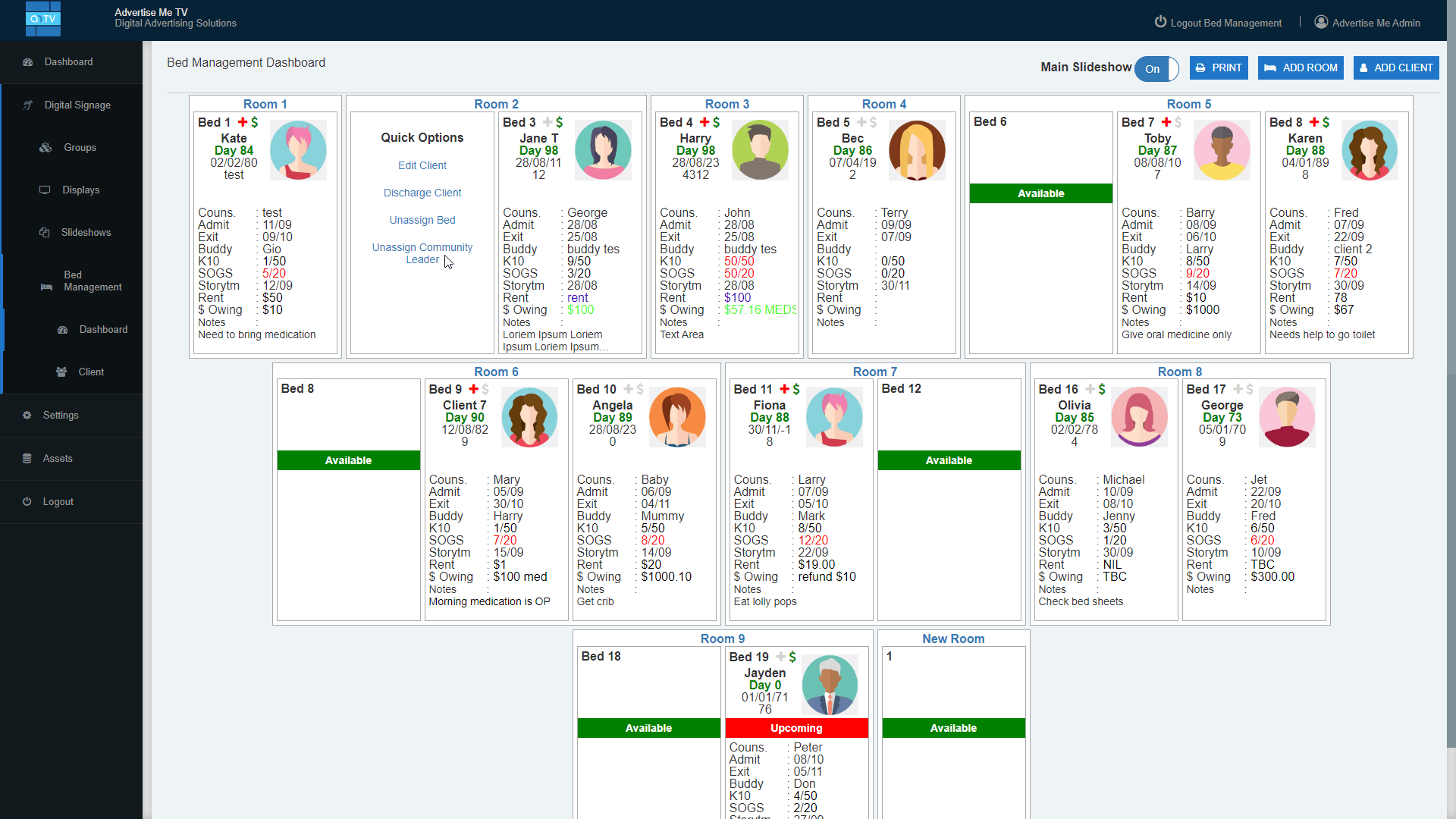 Advertise Me Bed Management System Client Quick Options