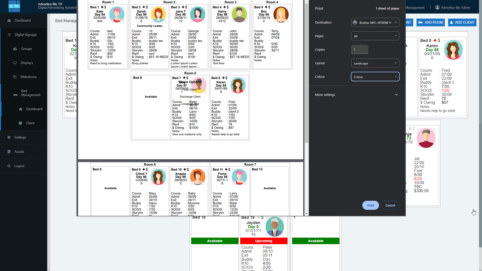 Advertise Me Bed Management System Dashboard Quick Options