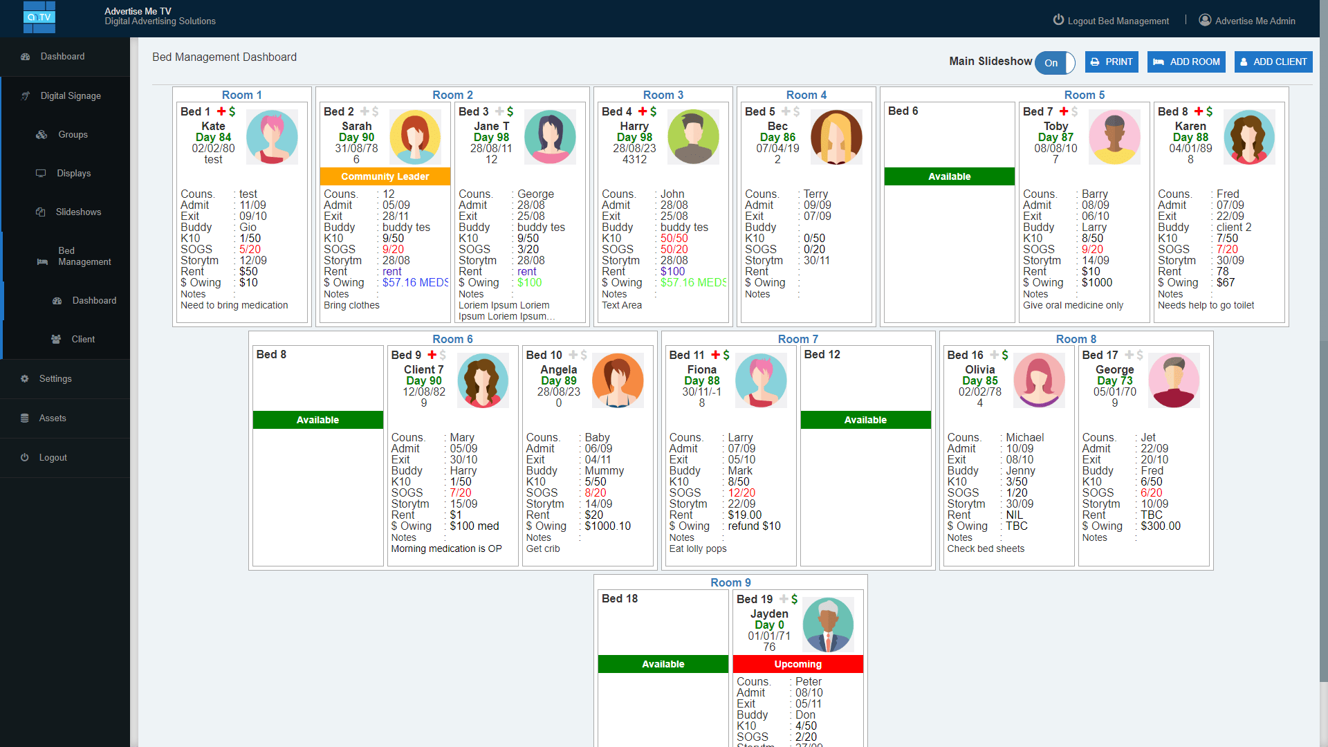 Advertise Me Bed Management System Dashboard