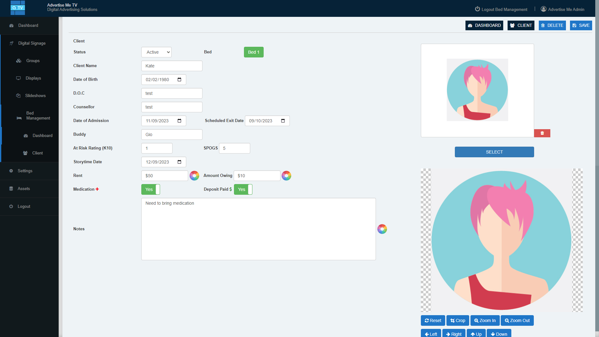 Advertise Me Bed Management System Edit Client