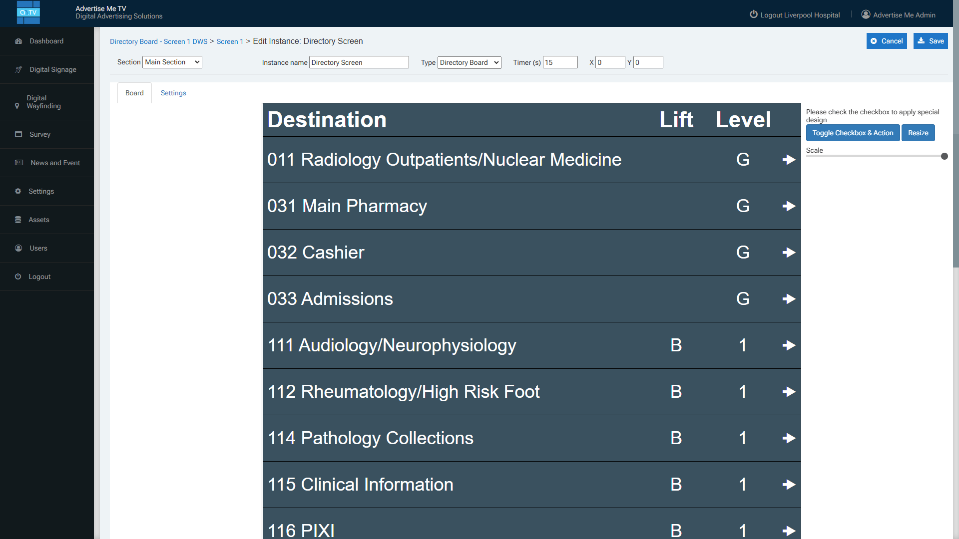 Advertise Me Directory Board Liverpool Hospital Digital Signage Software dashboard